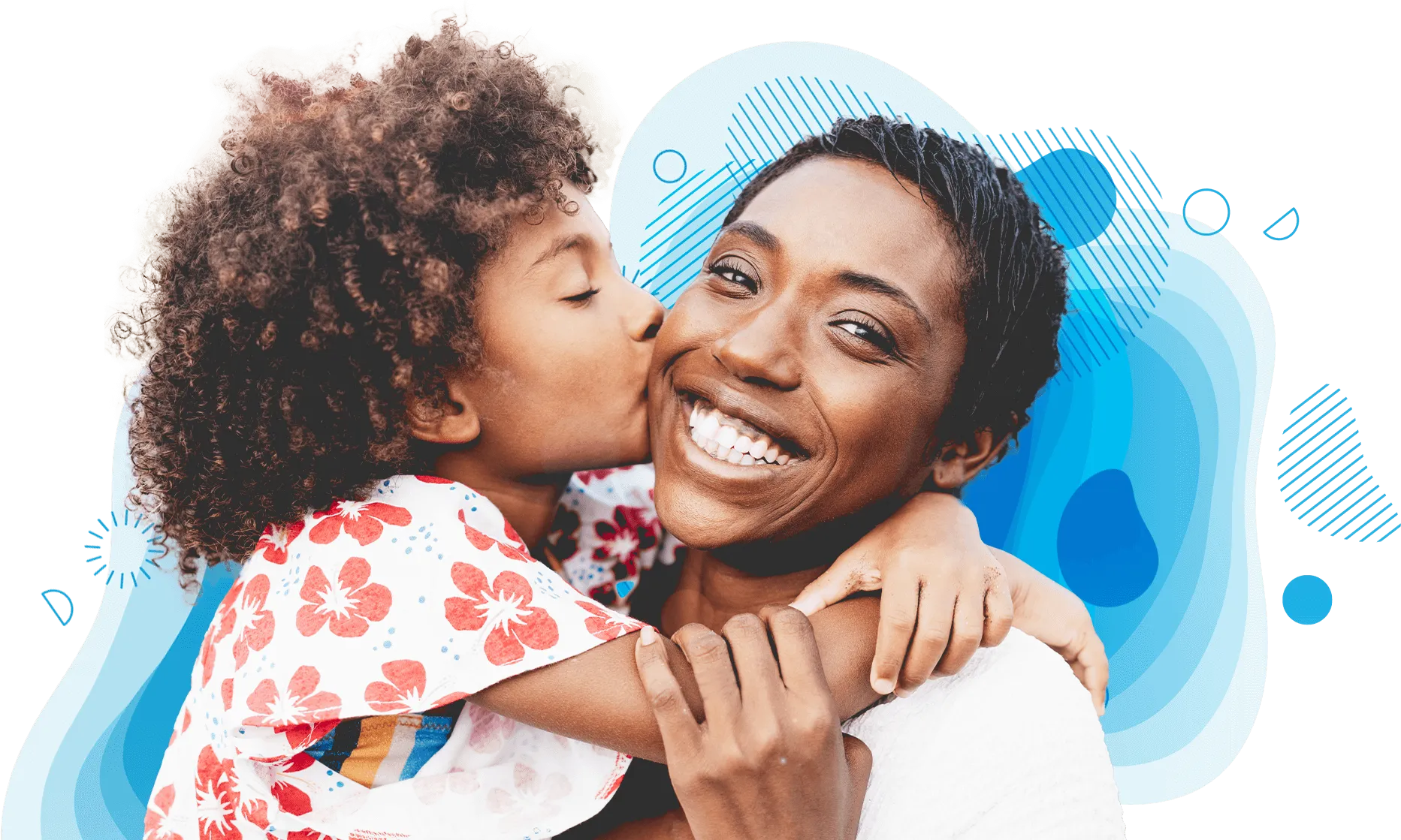 A smiling mother being hugged and kissed on the cheek by her young daughter